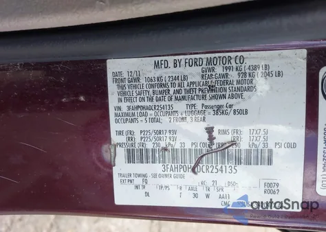 2012 Ford Fusion Se from USA, damaged, VIN 3FAHP0HA0CR254135